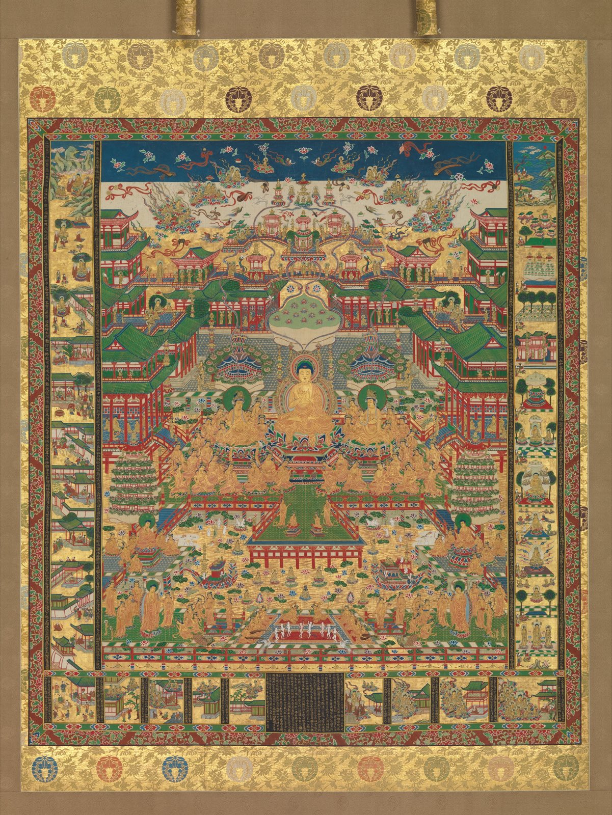 Japanese painting of Amida’s Pure Land with palaces, lotuses and surrounding narrative scenes